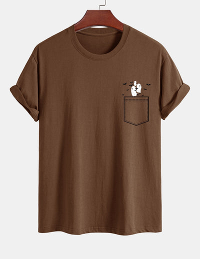 Regular Fit Pocket Bat Ghost Print Cotton T-Shirt