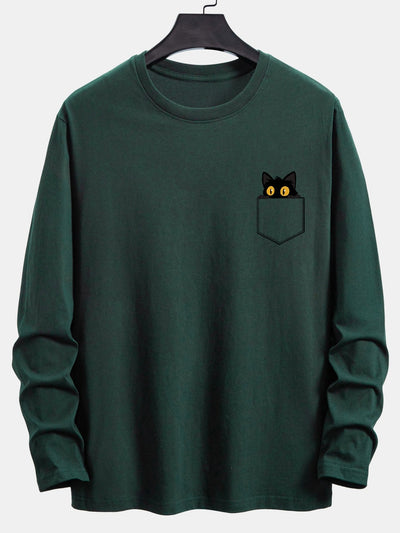 Long Sleeve Pocket Black Cat Print Cotton T-Shirt