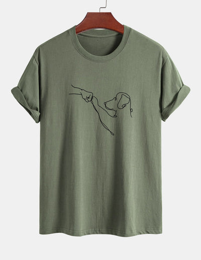 Regular Fit Dog Line Drawing Print Cotton T-Shirt