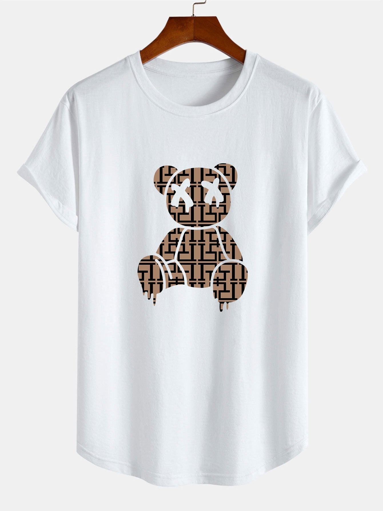 Geometric Dissolving Bear Print Cotton Arc Hem T-Shirt