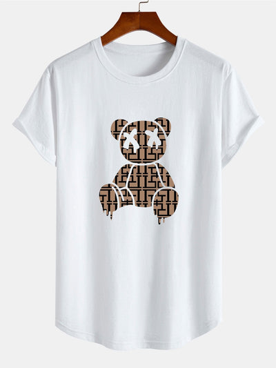 Geometric Dissolving Bear Print Cotton Arc Hem T-Shirt