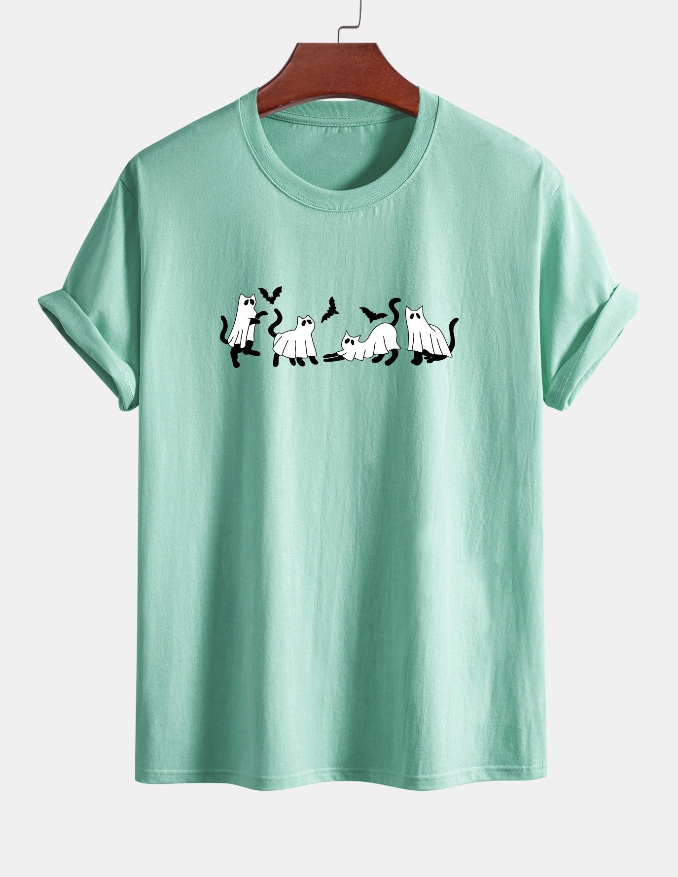 Regular Fit Black Cat Ghost Print Cotton T-Shirt