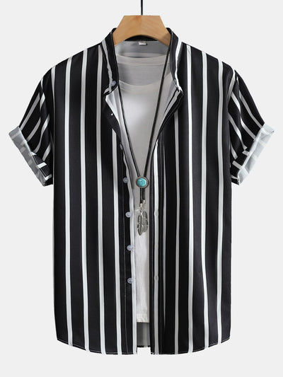 Striped Button Up Stand Collar Shirt