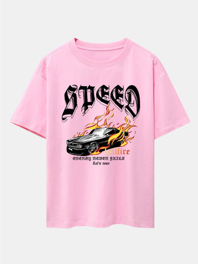 Speed Car Flame Print Drop Shoulder Oversize T-Shirt