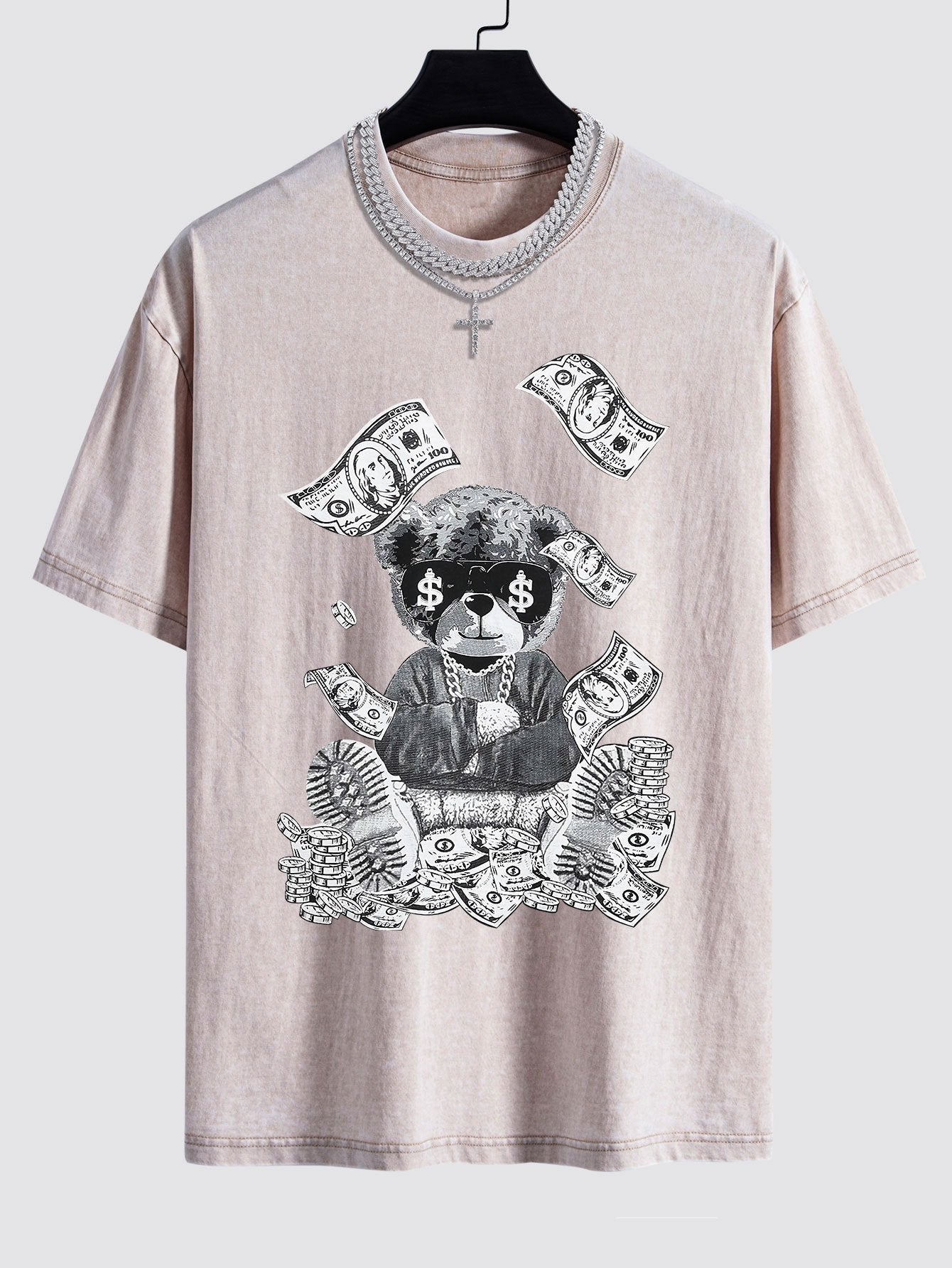 Money Bear Print Washed Drop Shoulder Oversize T-Shirt