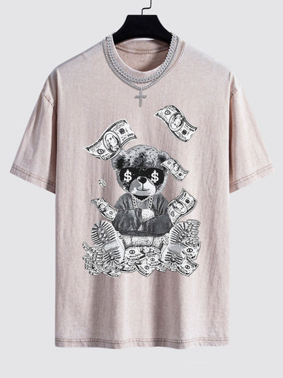Money Bear Print Washed Drop Shoulder Oversize T-Shirt