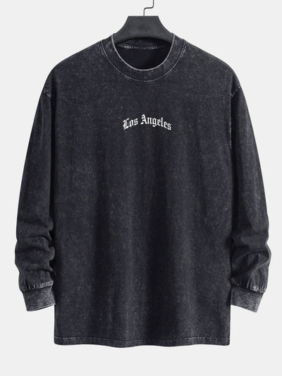 Los Angeles Slogan Print Relax Fit Long Sleeve Washed Distressed T-Shirt