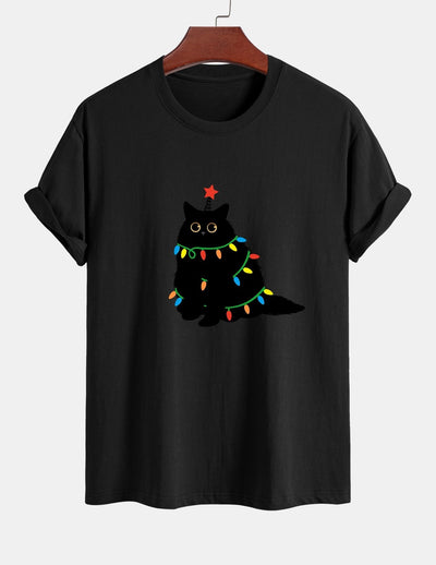 Regular Fit Colorful Light Black Cat Print Cotton T-Shirt