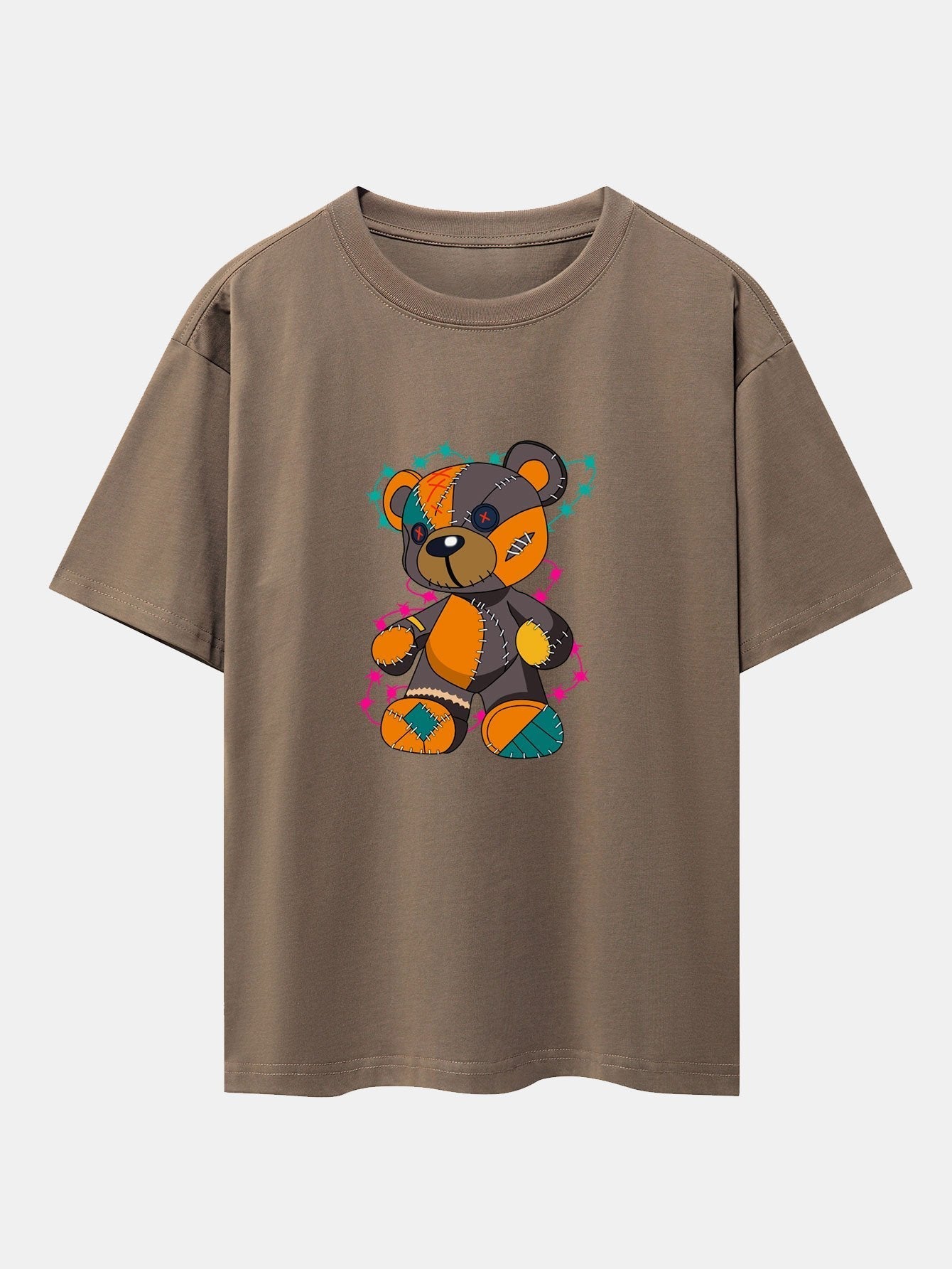 Tattered Bear Print Drop Shoulder Oversize T-Shirt