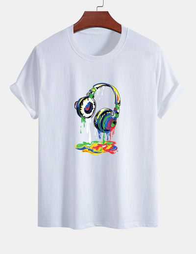 Regular Fit Dissolving Headphones Print Cotton T-Shirt