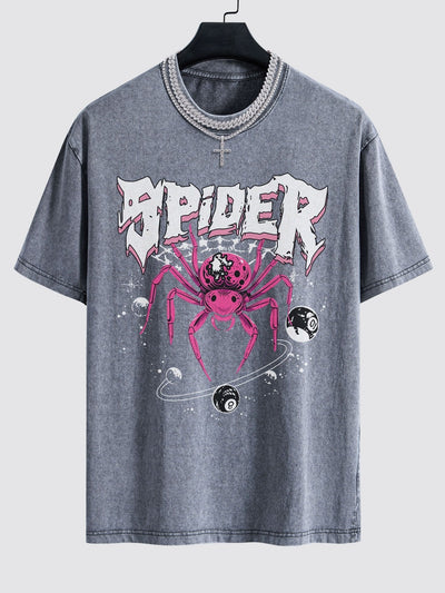 Spider Print Washed Drop Shoulder Oversize T-Shirt