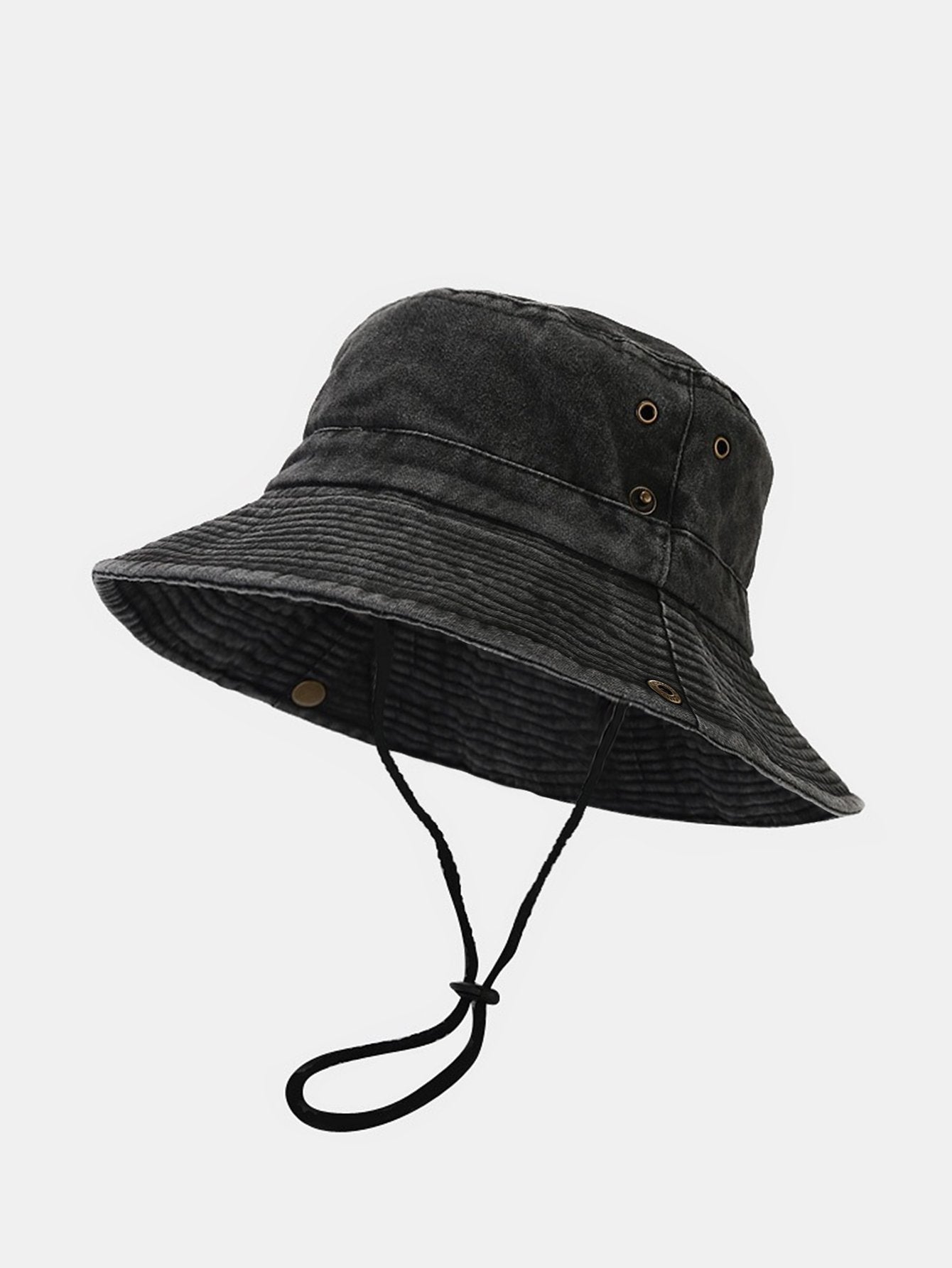 Washed Distressed Bucket Hat With Chin Strap