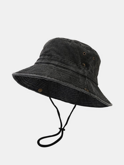 Washed Distressed Bucket Hat With Chin Strap
