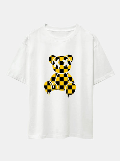 Dissolving Checkerboard Bear Drop Shoulder Oversize T-Shirt