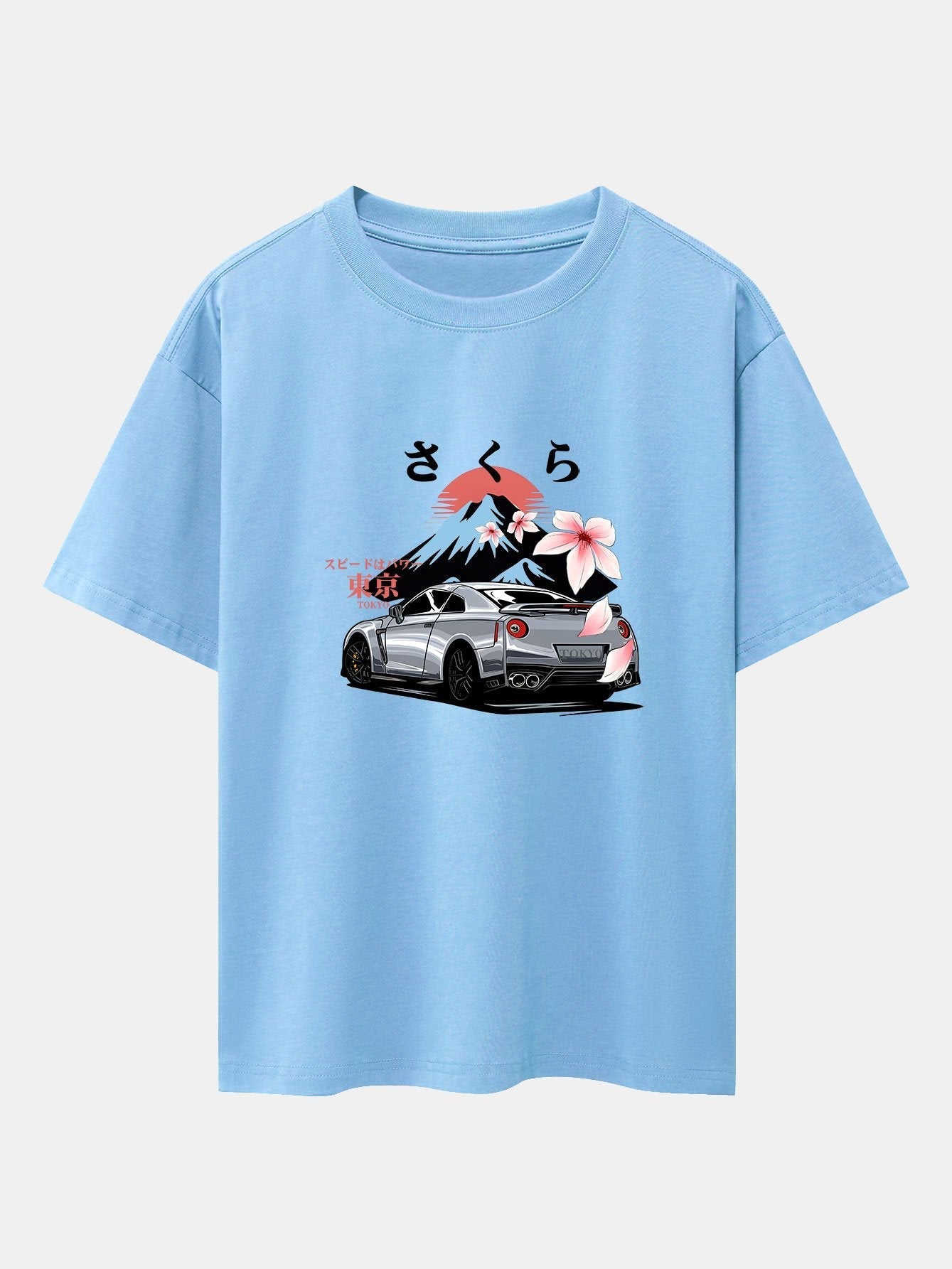 Tokyo Cherry Blossoms Car Print Drop Shoulder Oversize T-Shirt