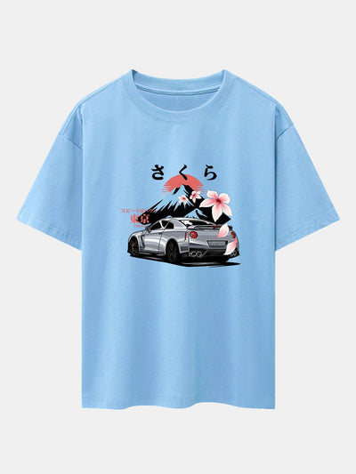 Tokyo Cherry Blossoms Car Print Drop Shoulder Oversize T-Shirt