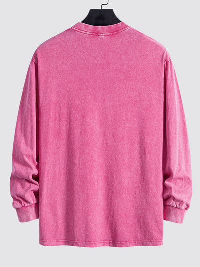 Smiley Face Print Relax Fit Long Sleeve Washed Distressed T-Shirt