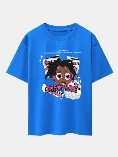 Cartoon Character Newspaper Print Drop Shoulder Oversize T-Shirt