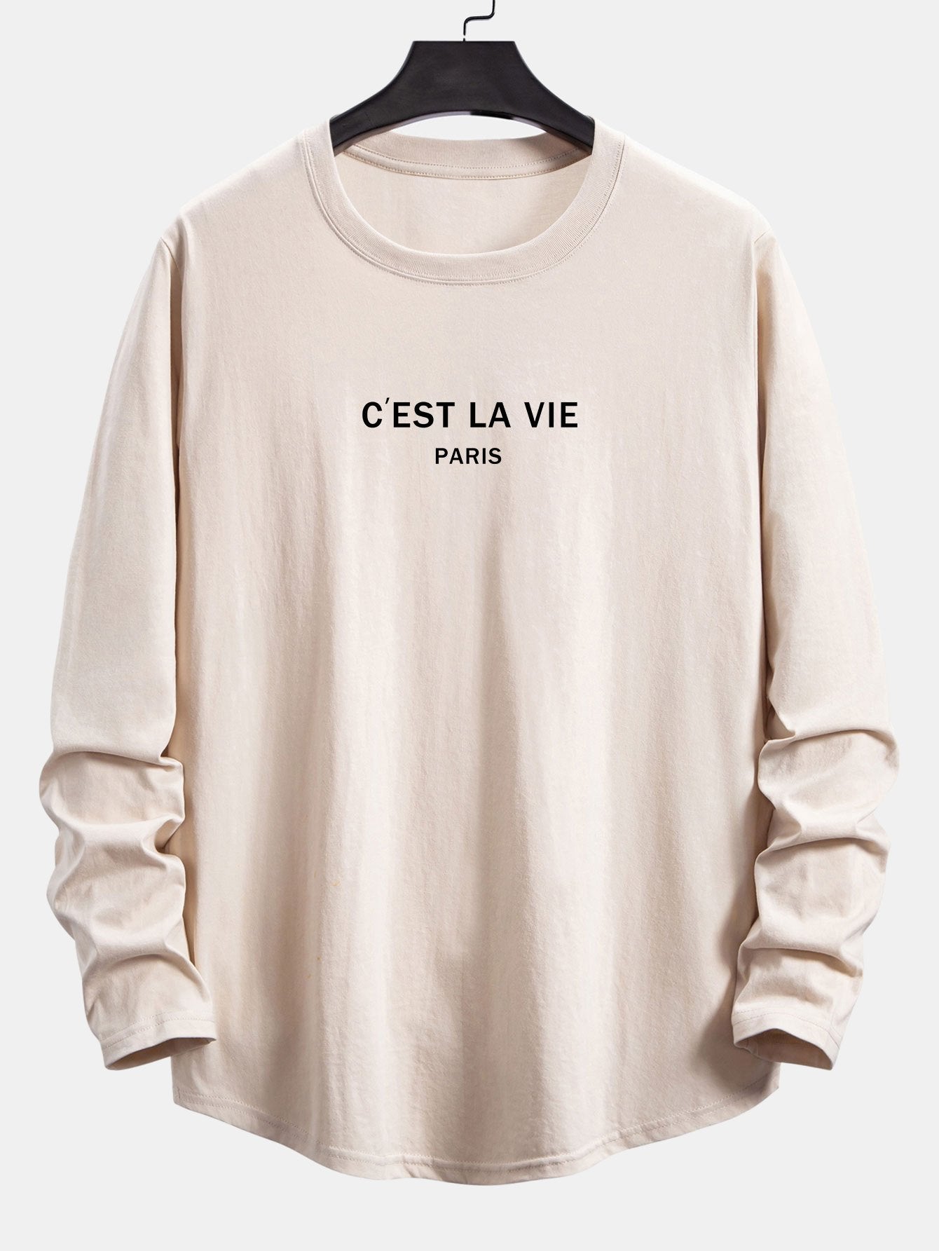 Long Sleeve Paris Slogan Print Cotton Arc Hem T-Shirt