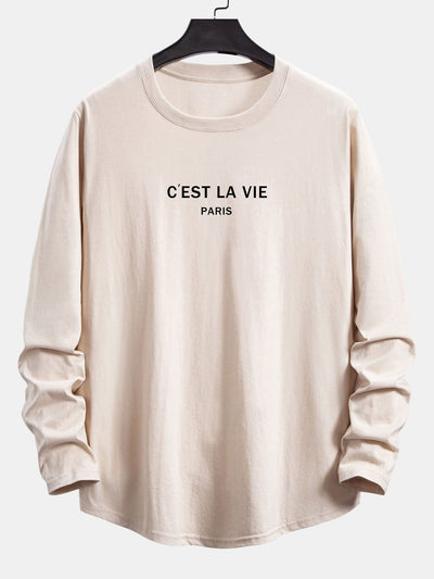 Long Sleeve Paris Slogan Print Cotton Arc Hem T-Shirt