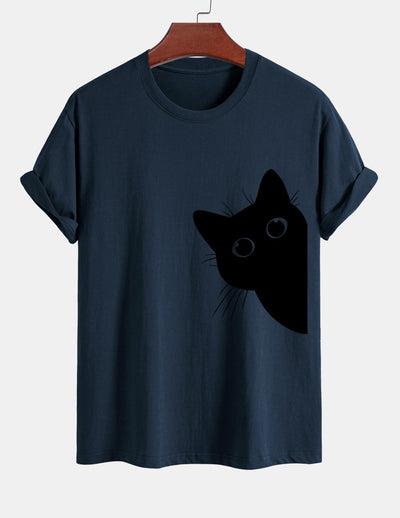 Regular Fit Black Cat Looking Out Print Cotton T-Shirt