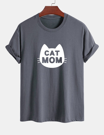 Regular Fit Cat Mom Print Cotton T-Shirt