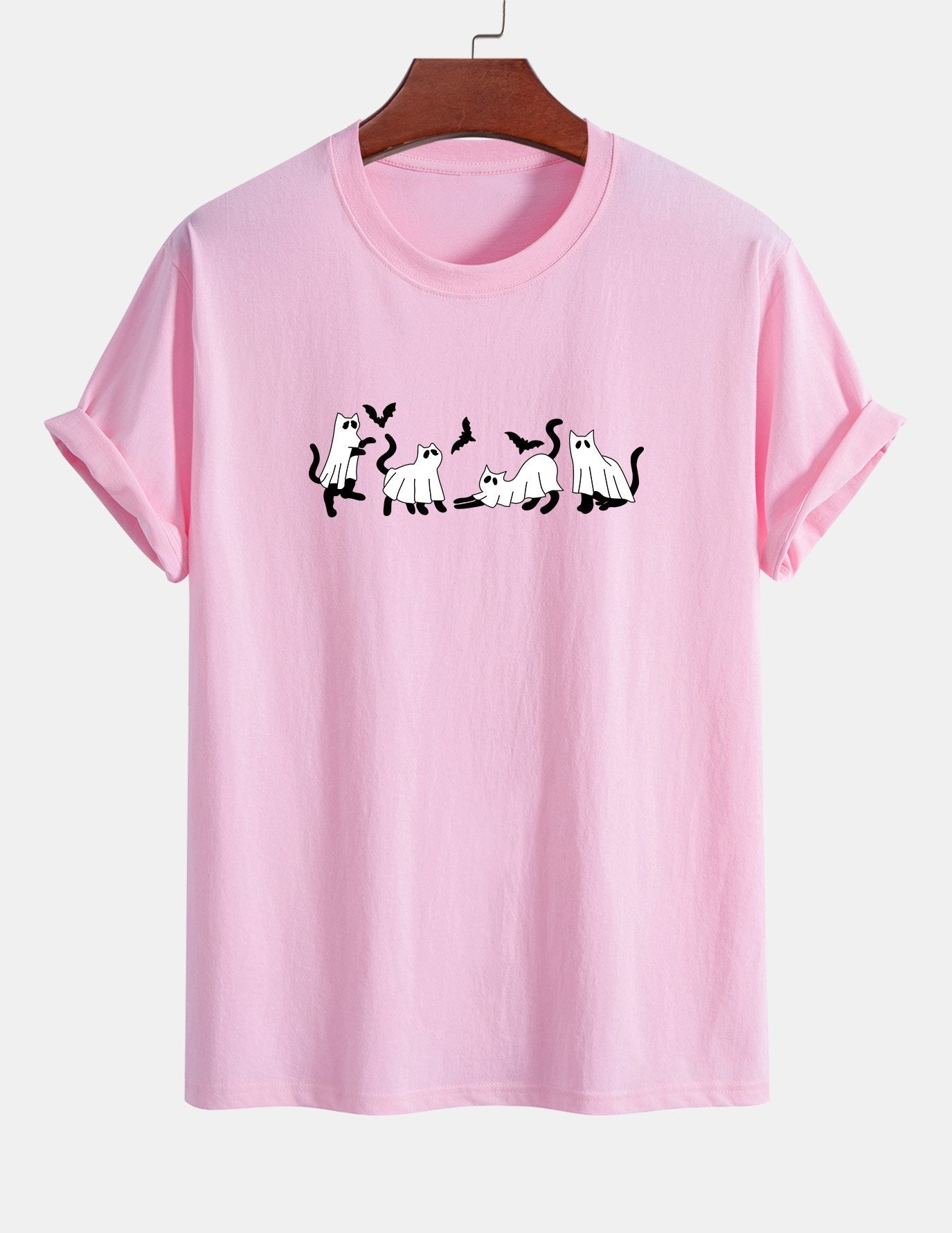 Regular Fit Black Cat Ghost Print Cotton T-Shirt