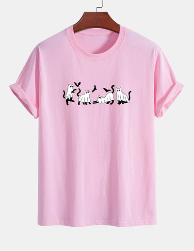 Regular Fit Black Cat Ghost Print Cotton T-Shirt