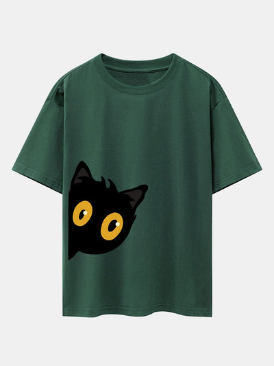Black Cat Is Watching Print Drop Shoulder Oversize T-Shirt