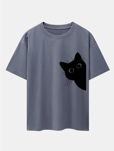 Black Cat Print Drop Shoulder Oversize T-Shirt