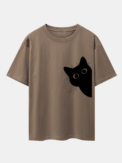 Black Cat Print Drop Shoulder Oversize T-Shirt