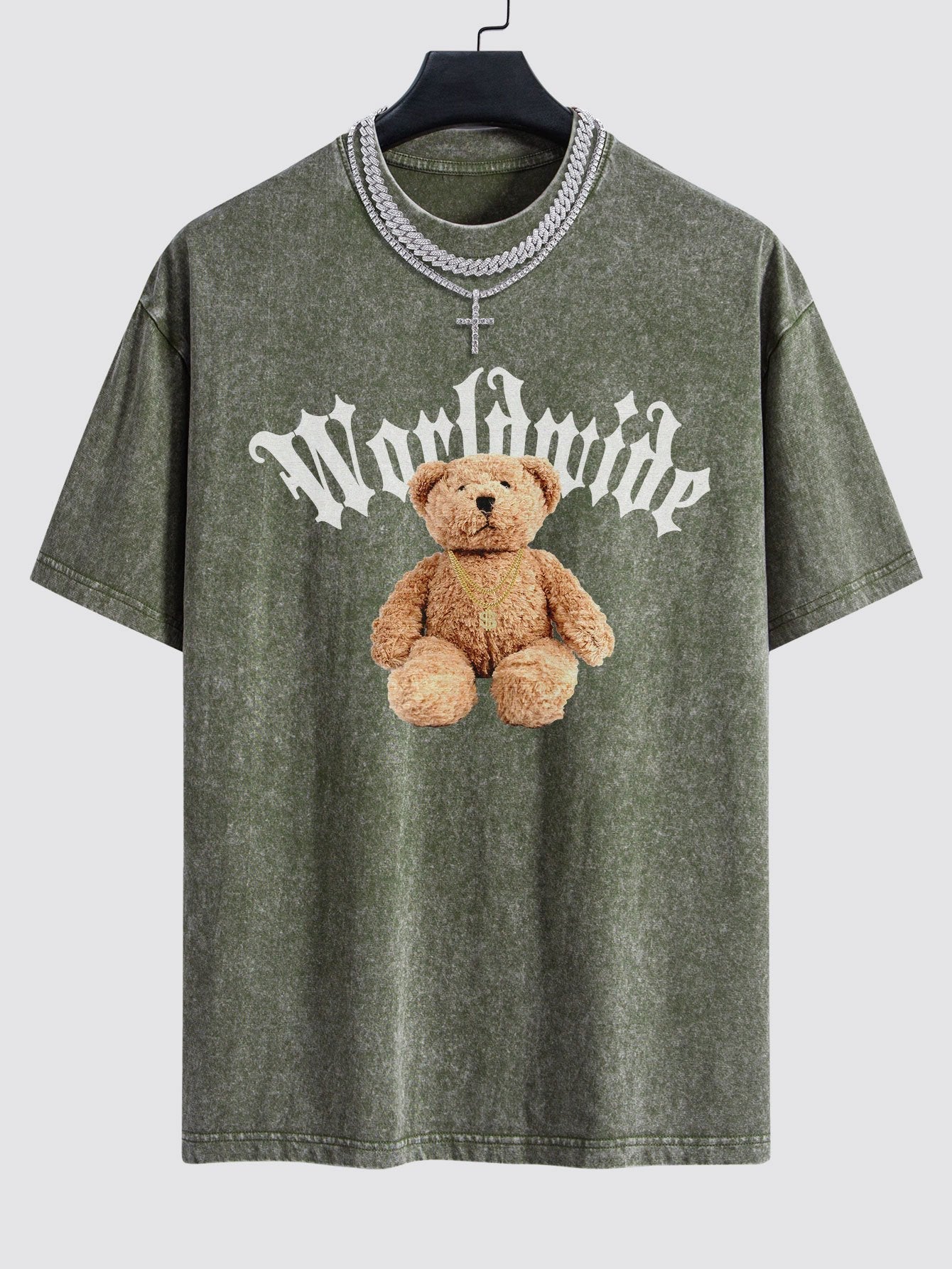 Bear Print Washed Drop Shoulder Oversize T-Shirt