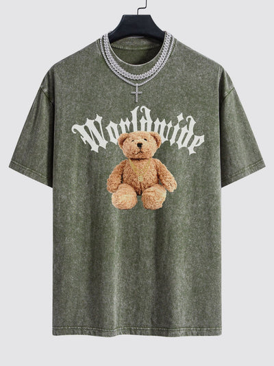 Bear Print Washed Drop Shoulder Oversize T-Shirt
