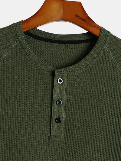 3 Pieces Long Sleeve Arc Hem Waffle Henley Shirt