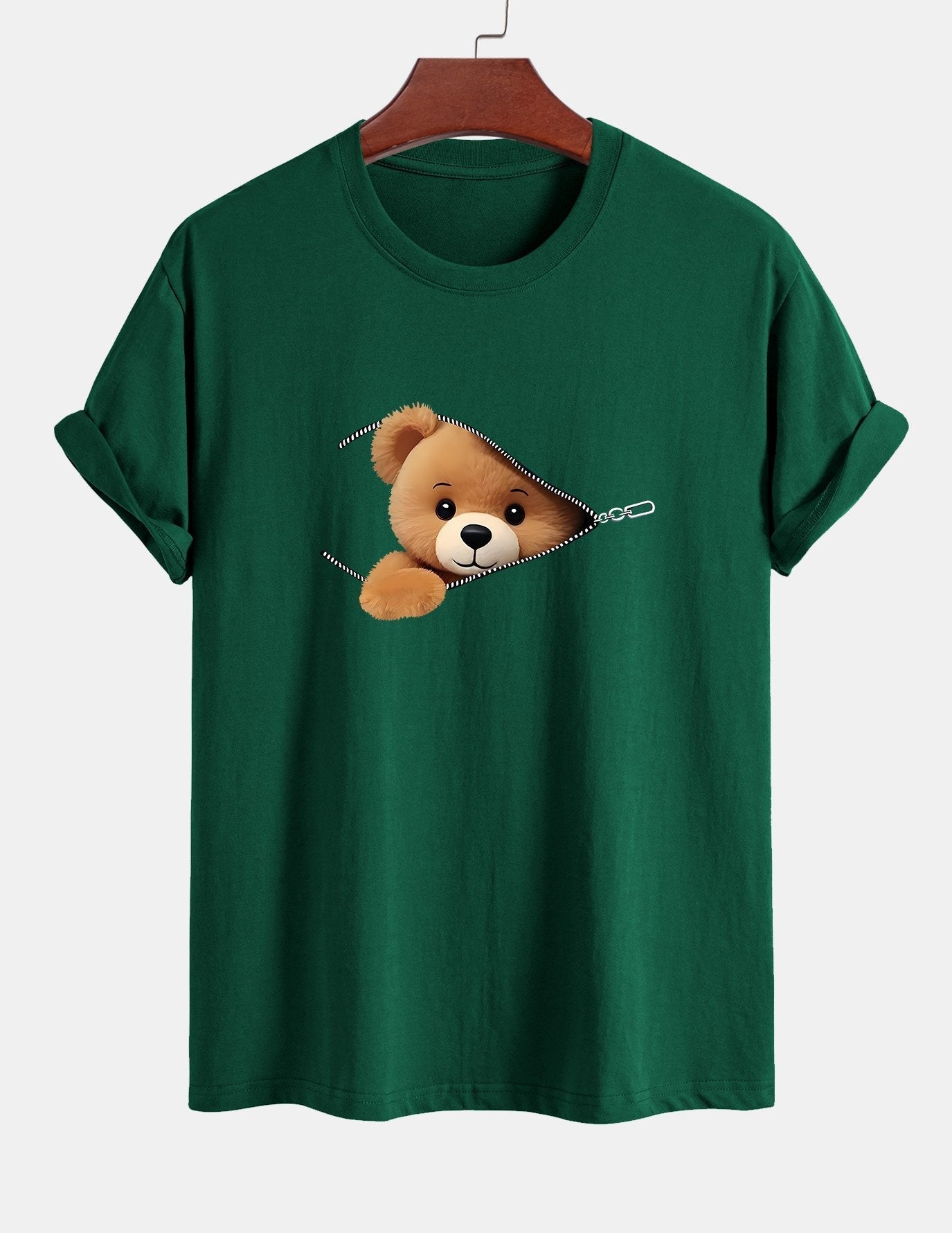 Regular Fit Zipper Bear Print Cotton T-Shirt