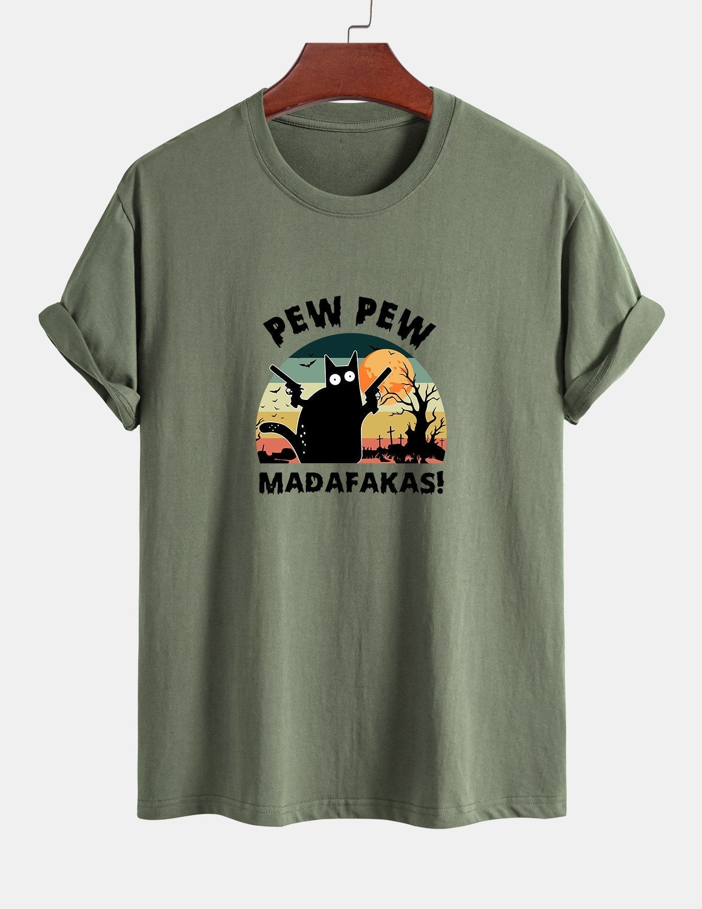 Regular Fit PEW PEW MADAFAKAS Black Cat Print Cotton T-Shirt