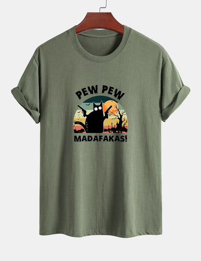 Regular Fit PEW PEW MADAFAKAS Black Cat Print Cotton T-Shirt