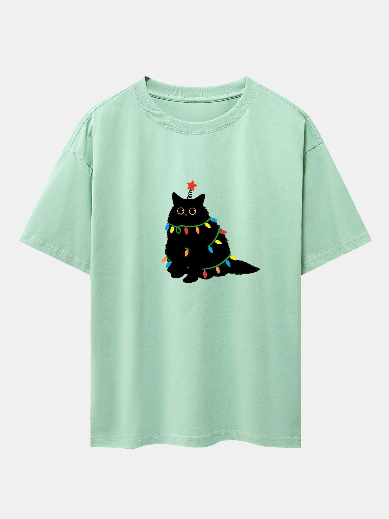 Christmas Lights Black Cat Print Drop Shoulder Oversize T-Shirt