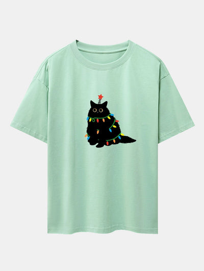 Christmas Lights Black Cat Print Drop Shoulder Oversize T-Shirt