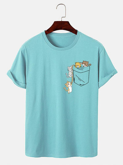 Cute Pocket Cat Print T-Shirt