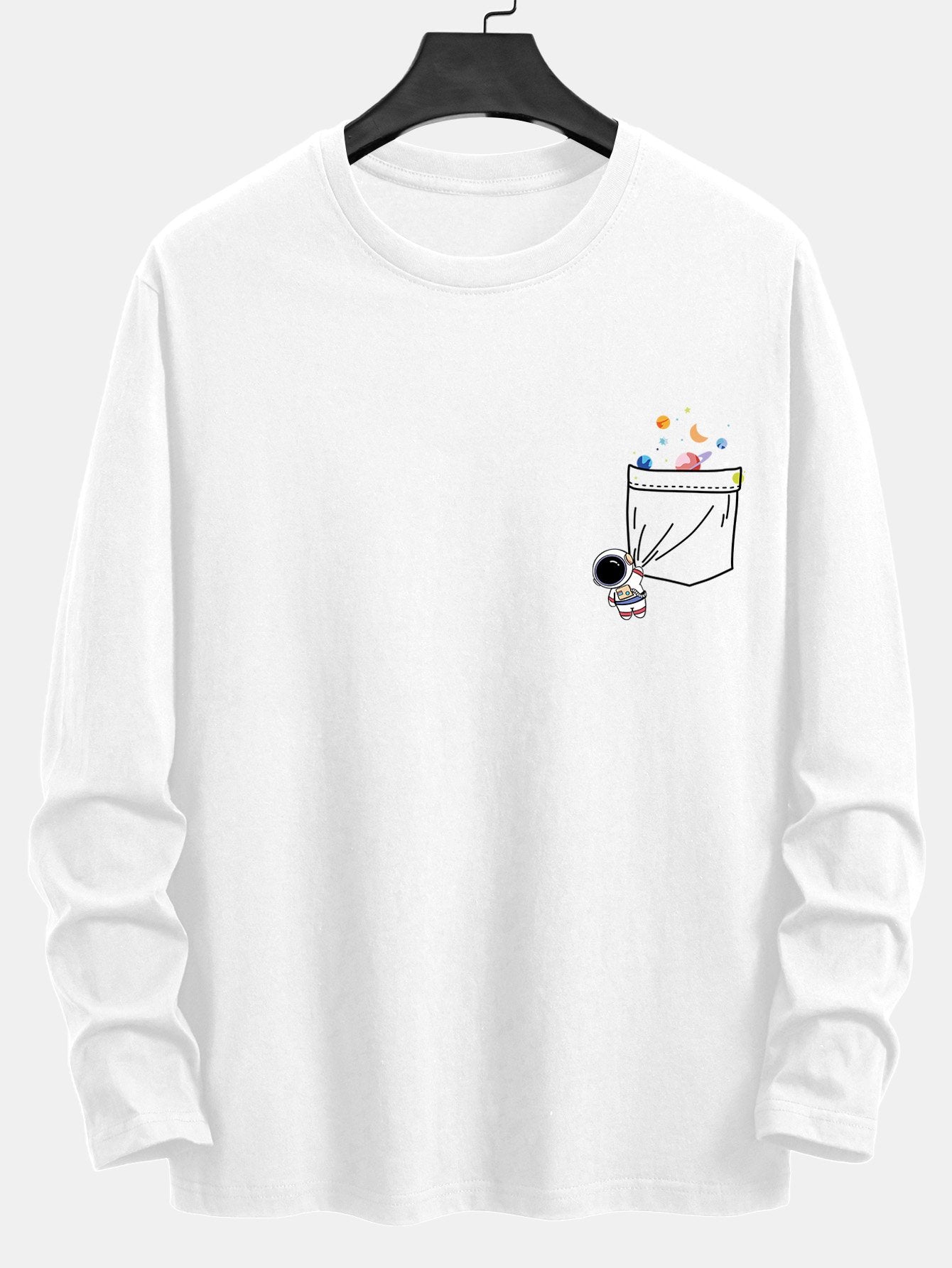 Long Sleeve Pocket Planet Astronaut Print Cotton T-Shirt