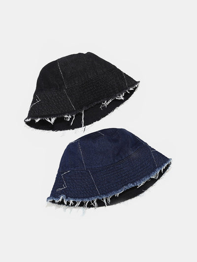 Spliced Denim Tassel Comfortable And Versatile Bucket Hat Can Be Worn On Both Sides