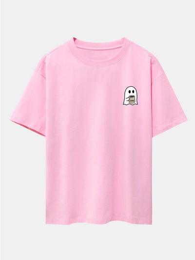 Ghost Drinking Coffee Print Drop Shoulder Oversize T-Shirt