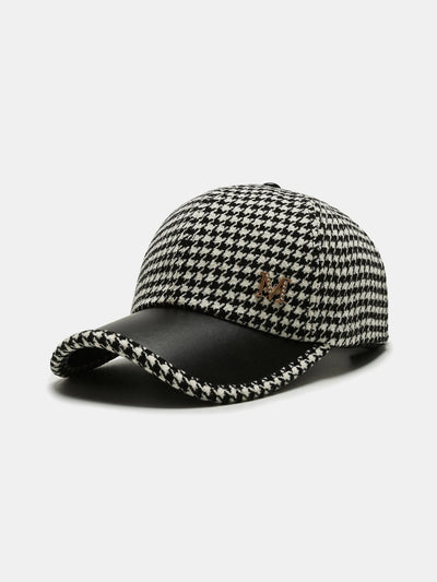 Vintage Houndstooth M Letter Woolen Fabric Baseball Cap