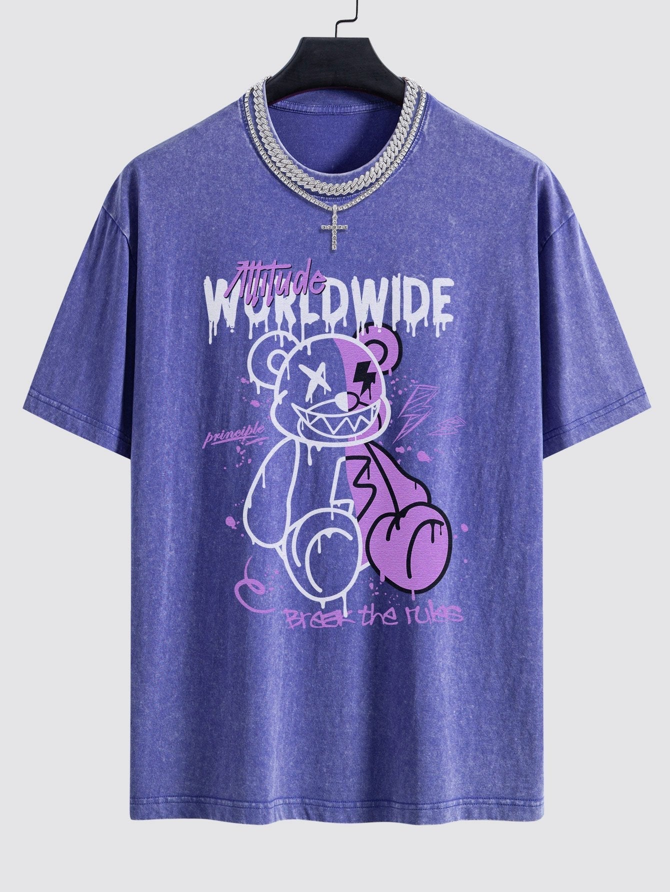 Dissolving Bear Print Washed Drop Shoulder Oversize T-Shirt