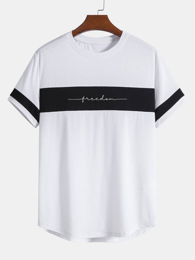 Hand Drawn Free Letter Print Color Block Patchwork Arc Hem T-Shirt