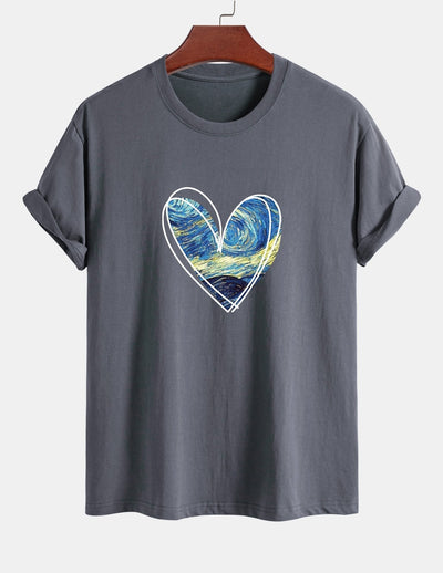 Regular Fit Starry Sky Heart Print Cotton T-Shirt