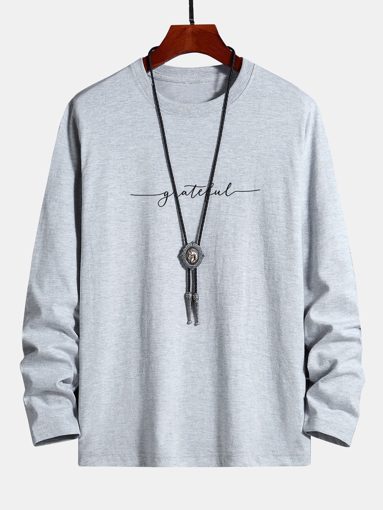 Long Sleeve Grateful Print Cotton T-Shirt