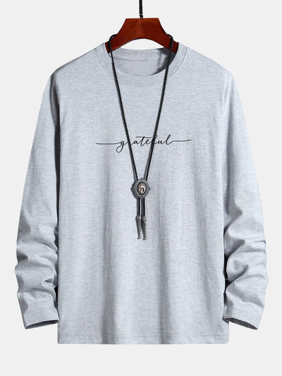 Long Sleeve Grateful Print Cotton T-Shirt