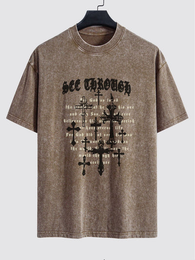 Cross Slogan Print Washed Distressed Drop Shoulder T-Shirt